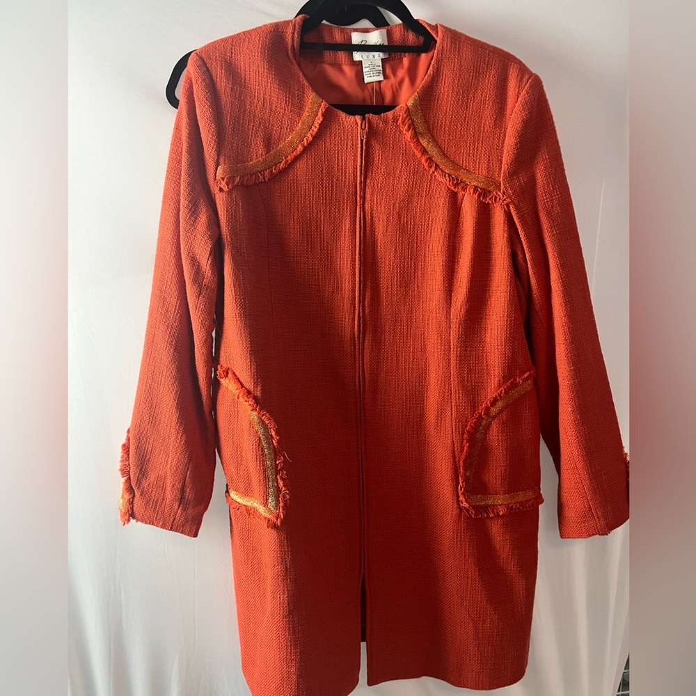 Paula Hian Embroidered Tweed Fringe Orange Jacket Large-NWT - Picture 2 of 8